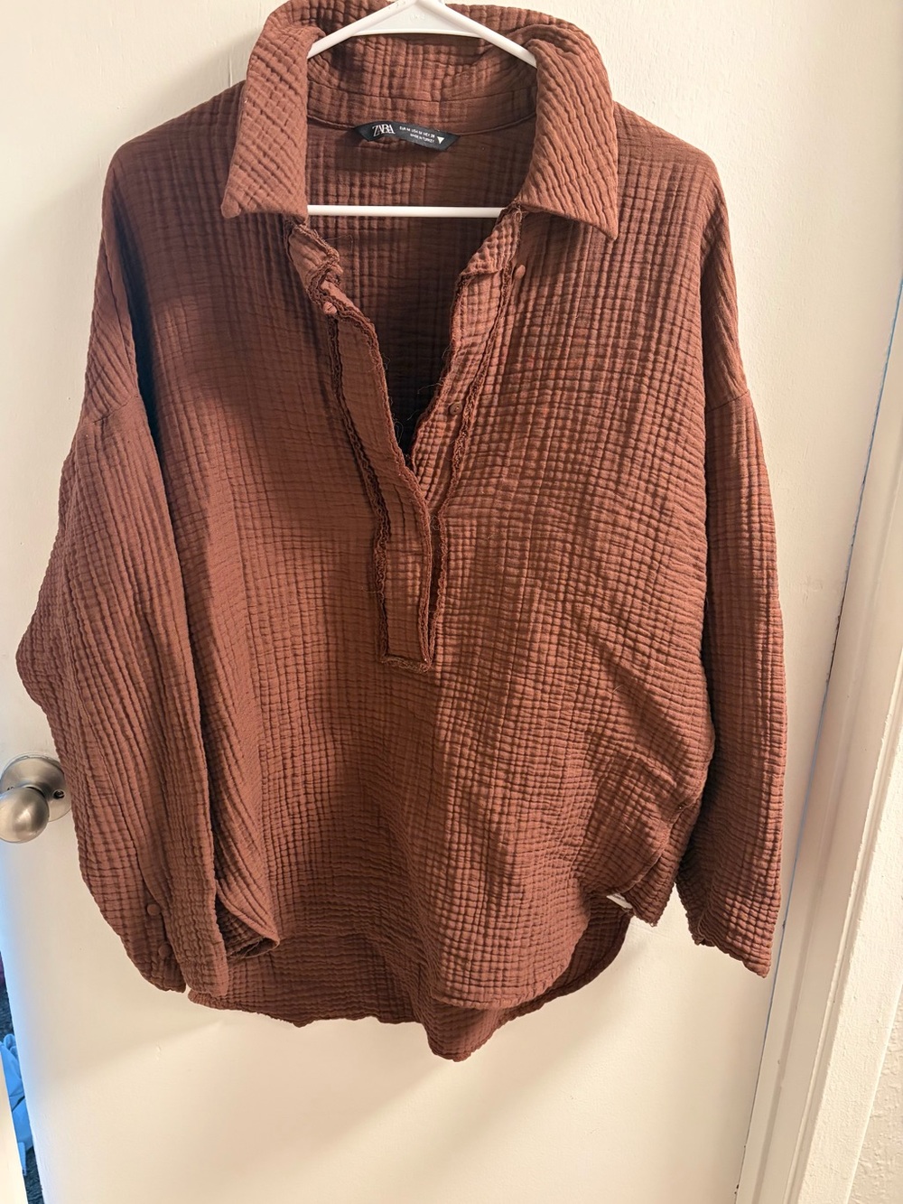 Zara Brown Gauze Cotton Oversized Button-Down Shirt Size Medium